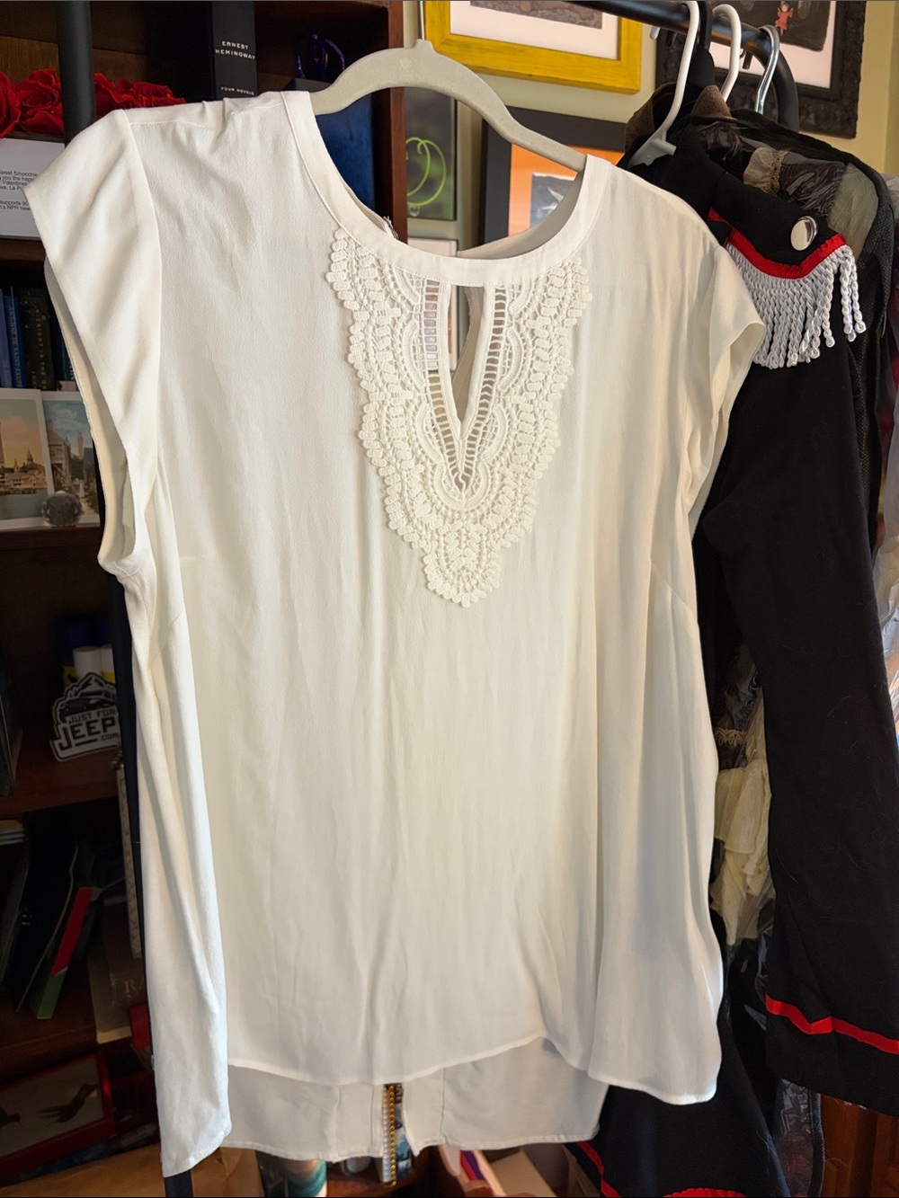 Women’s White Crochet-Trim Short Sleeve Blouse